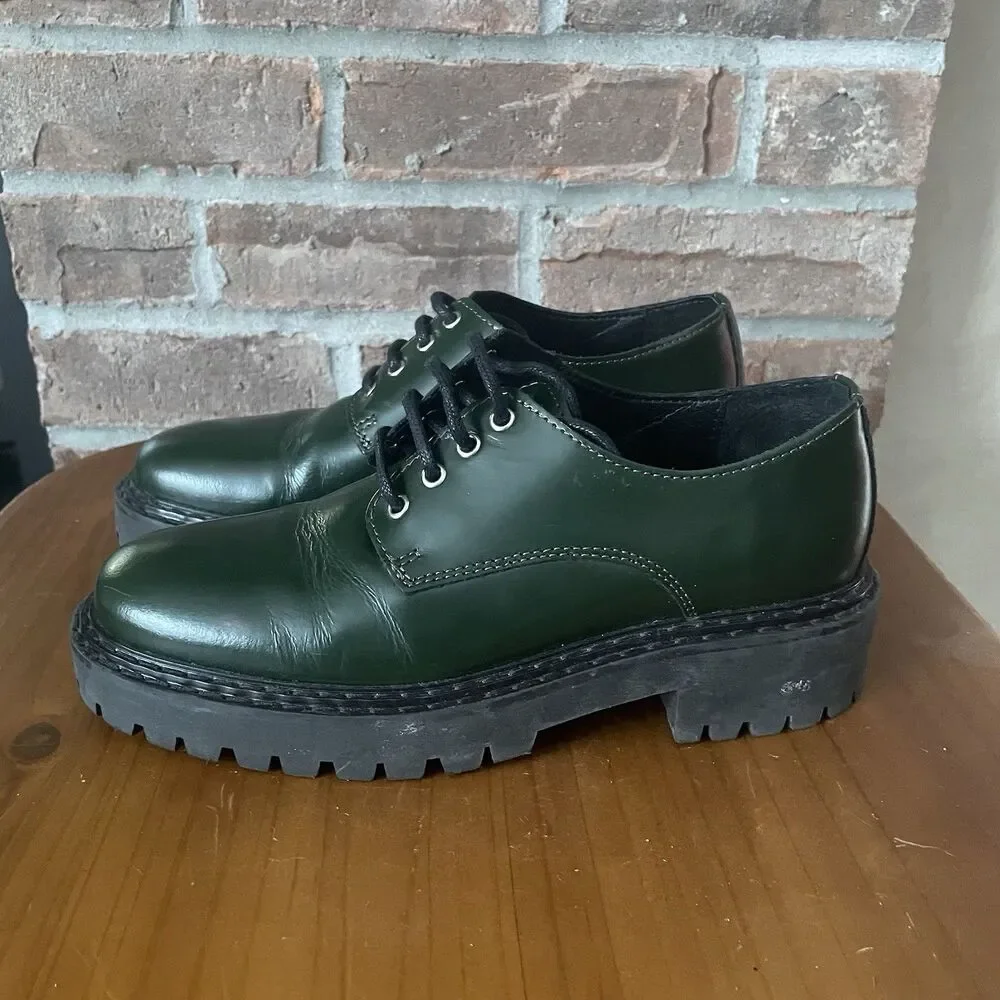 Anthropologie Maeve Leather Oxford Women's Size 5.5 EU 36 Green Lace Up Lug